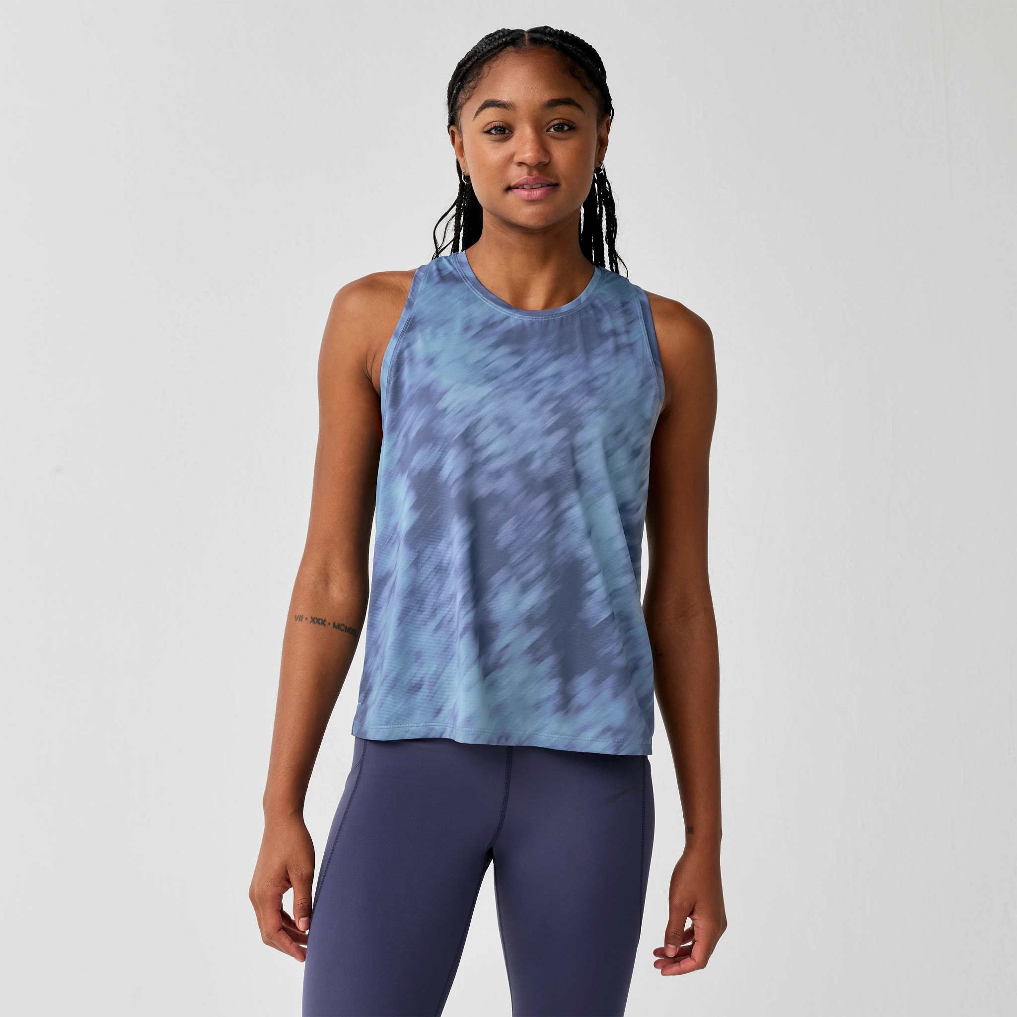 Women's Brooks Dash Printed Tank - Metablur Blue Haze, Size: L | Apparel - Road Runner Sports