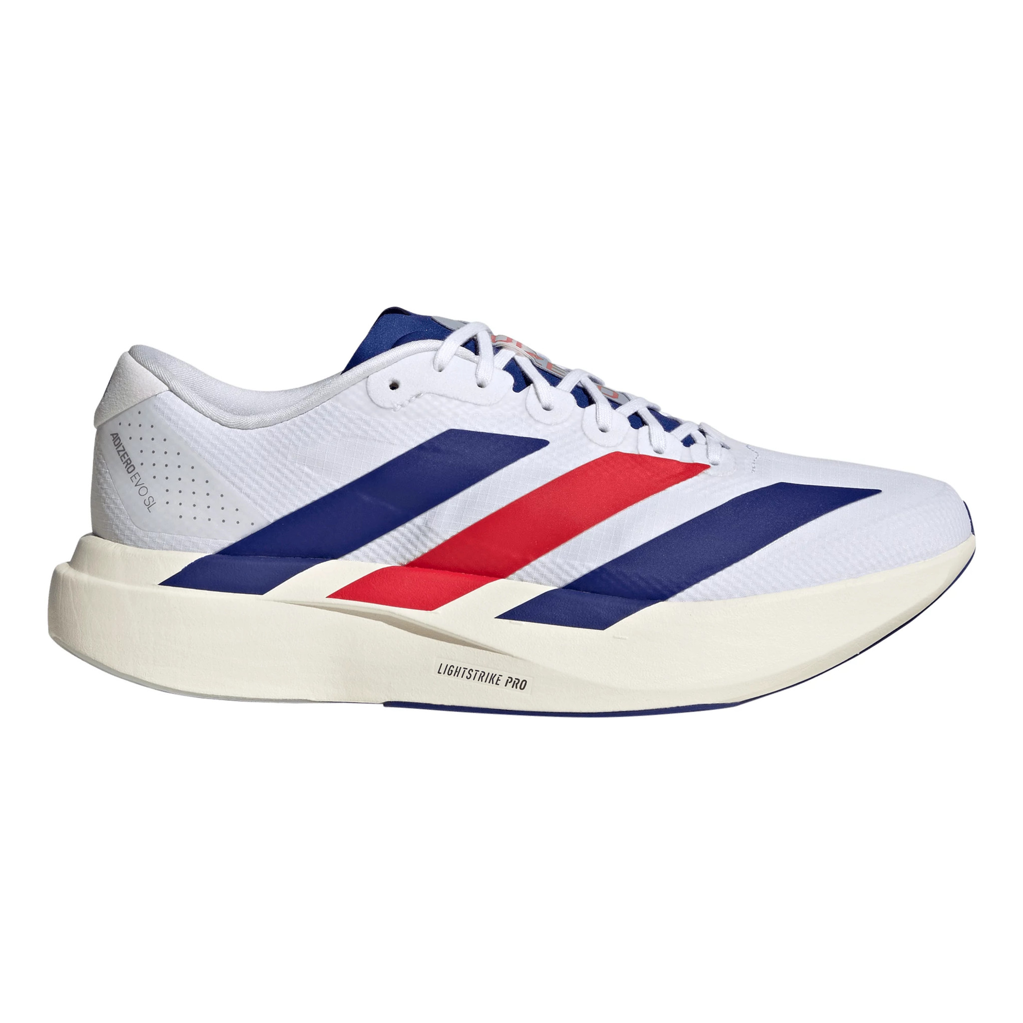 Men's adidas Adizero Evo SL Woven - White / Blue / Ruby, Size: 10, Medium | Footwear - Road Runner Sports